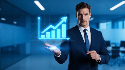A confident businessman in a navy suit holds a blue holographic growth chart in a bright, modern office. Illustrates success, finance, and innovative business strategy. - Powered by Adobe