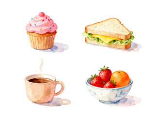 Culinary Delight: A delightful assortment of food items, featuring a vibrant cupcake, a savory sandwich, a warm cup of coffee, and a refreshing bowl of fruits.
