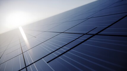 Abstract Close-up of Dark Blue Solar Panels with Sunlight Reflection solar energy renewable energy