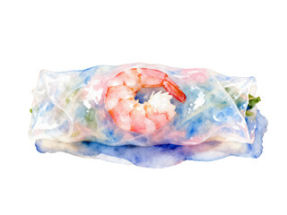 Fototapeta premium Delicate Shrimp Summer Roll: This exquisite illustration showcases a fresh summer roll, featuring a vibrant shrimp as the centerpiece, encased in a translucent rice paper wrapper.