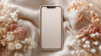 A smartphone sits centered on a soft fabric surrounded by dried flowers. The warm light gently highlights the scene, offering a simple view of the setup