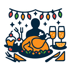 Festive Christmas Dinner Silhouette with Turkey, Desserts, and Holiday Lights – Minimal Vector Icon