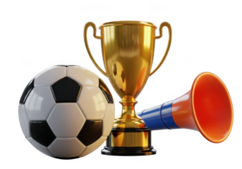 Soccer trophy with ball and vuvuzela isolated on transparent background for sports celebration and event promotion