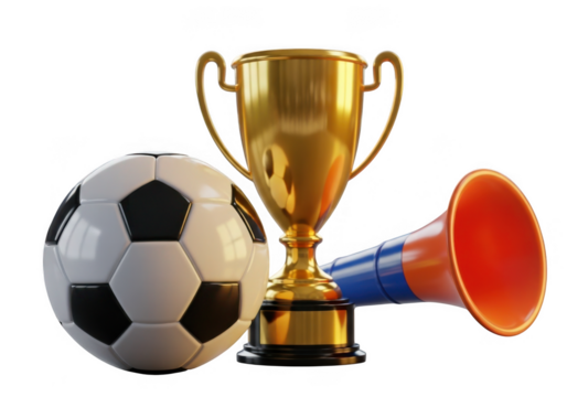 Soccer trophy with ball and vuvuzela isolated on transparent background for sports celebration and event promotion - Powered by Adobe