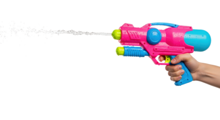 A clean, well-defined hand grips a vibrant neon pink and electric blue toy water gun, shooting a powerful, frozen jet of water against a white background with copy space. Concept of summer fun