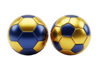 Two gold and blue soccer balls isolated on transparent background for sports and games