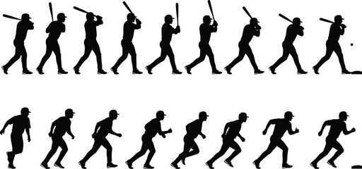 batting swing, hitting the ball, and running base, digital flat vector illustration set for animation and sports