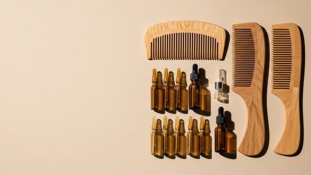 Wooden comb and serum bottles on beige background - Powered by Adobe