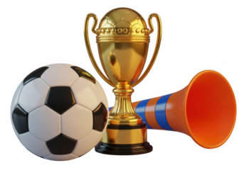 Soccer trophy ball and horn isolated on transparent background for sports events and celebrations