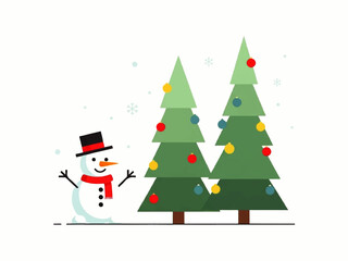 A cute cartoon snowman wearing a top hat and red scarf stands next to two decorated Christmas trees with colorful ornaments and falling snowflakes.