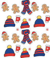Gingerbread pattern design, Christmas characters, winter accessories, Santa hats, mittens, scarves, festive layout, holiday theme, flat vector illustration