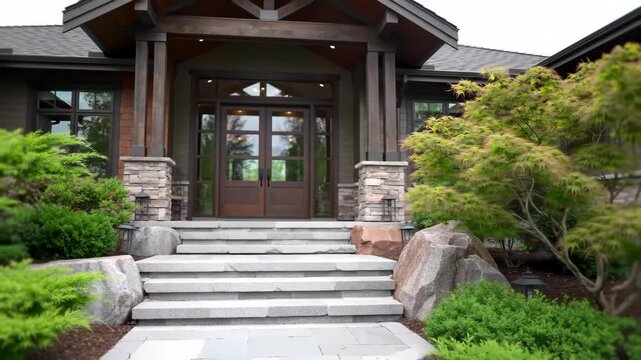 Exterior shot of a house with stone steps, green bushes, and a wooden door under a gabled roof on a sunny day in a serene landscape.