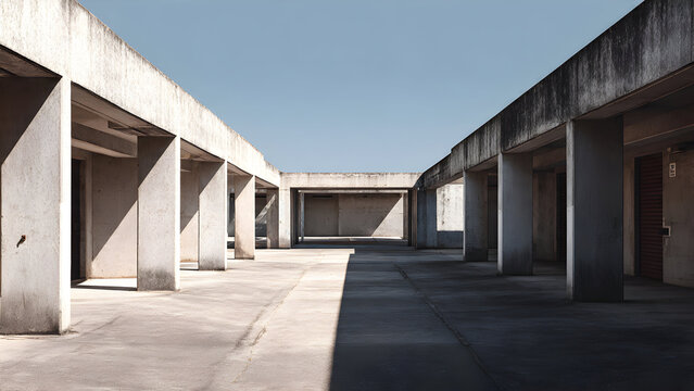 An empty lot featuring repeating rectangular stalls under harsh sunlight forming patterned minimal rhythm