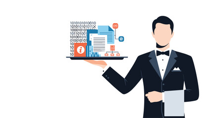 Elegant waiter in a tuxedo serves digital information and data icons on a tray, representing information technology.