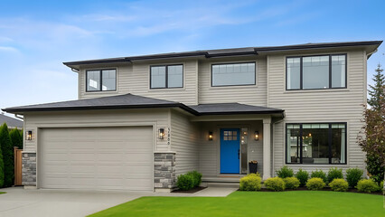 Modern two-story house with light grey exterior, blue front door, two-car garage, and green lawn under a blue sky.