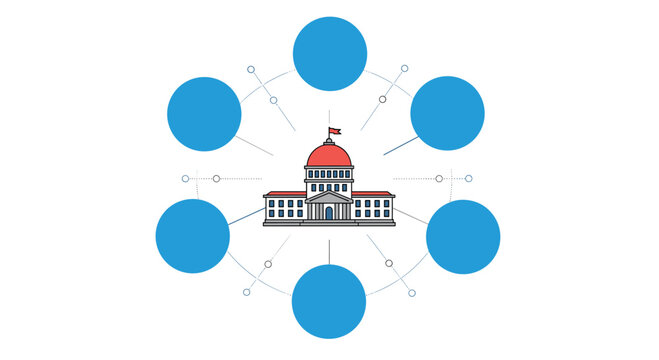 Government building icon serves as a central hub for a network of empty nodes representing administrative systems.