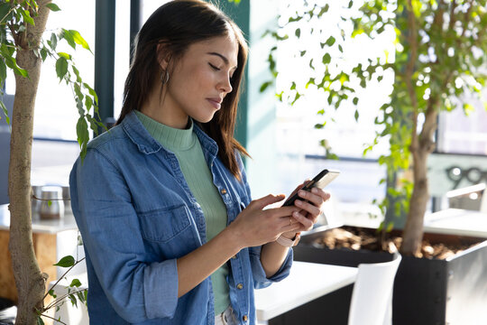 Asian Indian woman holding smartphone and scrolling messages in office by ficus trees, copy space