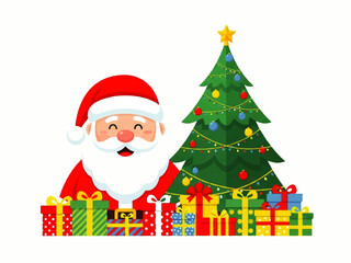 A cheerful cartoon Santa Claus with a long white beard and red suit, standing behind a row of colorful Christmas presents and a decorated Christmas tree.