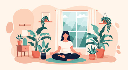 Obraz premium Woman meditating in a peaceful home room filled with diverse green houseplants near a large window for a serene atmosphere.