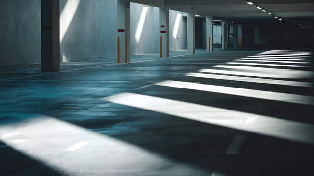 An empty shopping-center parking zone with bright controlled shadows and ultra clean stripe patterns