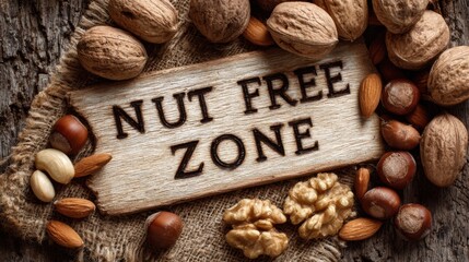 Nut free zone sign with various nuts creating irony