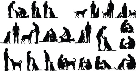 people playing, training, walking, and petting dogs, digital flat vector illustration for animal care.