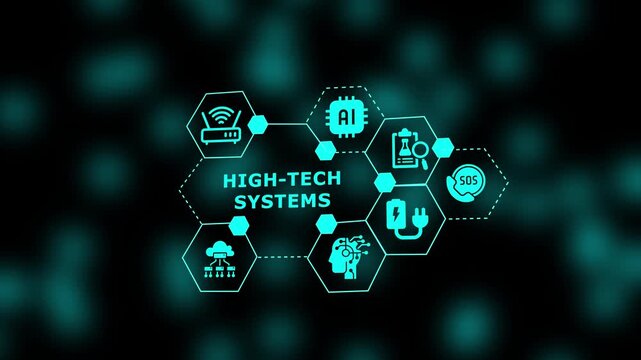 A high-tech systems illustration containing futuristic icons, interconnected components, structured pathways, and intelligent digital technologies in a glowing network.