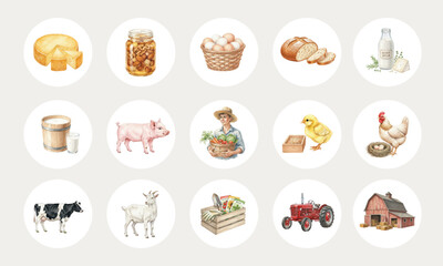 Watercolor Collection of Cute Farm Animals, Products, and Farmer