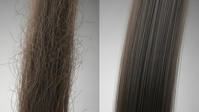 Side-by-side comparison of frizzy versus smooth hair strands