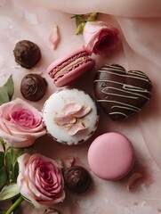Luxury Macarons Chocolate Heart and Pink Roses Romantic Sweets Flat Lay