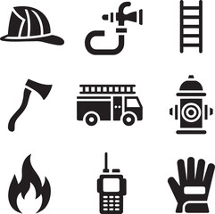 Firefighter equipment set includes fire hose, helmet, axe, truck, hydrant, flame, radio, gloves