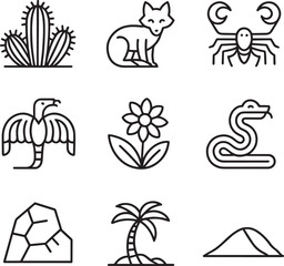 Desert nature icons set vector illustration wild west flora and fauna flat line collection