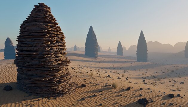 Otherworldly desert landscape with towering stacked rock formations and distant hazy spires under a pale sky