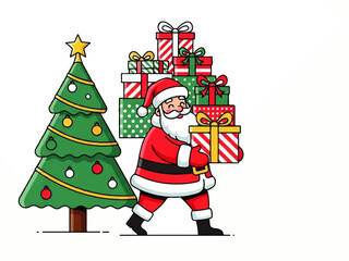 Cartoon illustration of Santa Claus carrying a tall stack of colorful Christmas presents next to a decorated green Christmas tree with a star.
