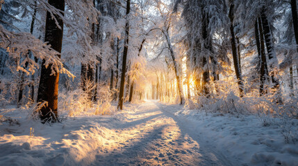 Winter wonderland forest path with snow-covered trees and golden sunlight filtering through, serene atmosphere 