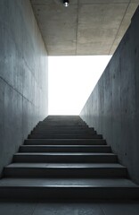Obraz premium Concrete staircase leads up to bright light. Modern building features minimalistic design. Stairway contrasts shadow, illumination. Urban climb symbolises progress, ascent. Architecture explores