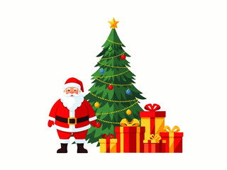 Santa Claus standing next to a festive Christmas tree adorned with ornaments and a star, surrounded by wrapped gift boxes.