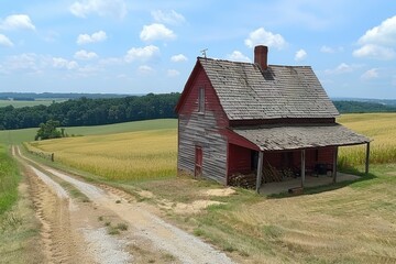 Fototapeta premium A rustic red farmhouse stands beside a dirt road, surrounded by fields under a bright sky, evoking a sense of tranquility and rural charm.