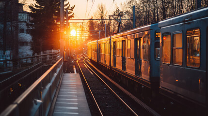 A long passenger train travels on elevated tracks at sunset, casting warm light and shadows in an urban scene with trees in the background.