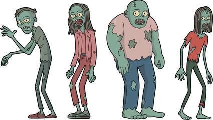 Cartoon zombie character set featuring four stylized undead figures with tattered clothing and exaggerated features for horror themes.