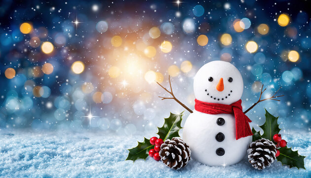 Mu&ntilde;eco de nieve con fondo bokeh. Tema navide&ntilde;o invernal. Espacio para texto