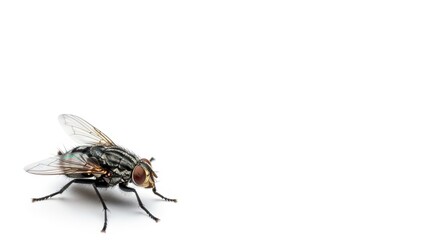 Close-up of housefly on white surface with wings and eyes visible