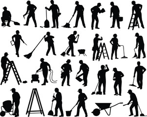 Obraz premium Construction worker silhouette set featuring diverse manual tasks and tools for industrial, labor, and design themes.