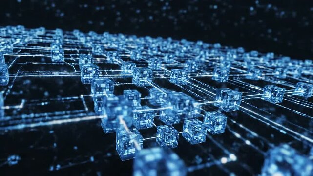 Abstract digital network visualization with interconnected glowing nodes forming a vast, dynamic system, symbolizing advanced technology, data flow, and global connectivity