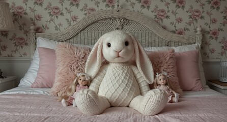 adorable stuffed bunny and porcelain dolls on a pink bed in a vintage bedroom.