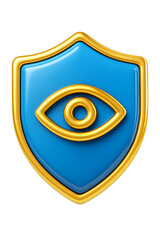 3D Glossy Blue and Gold Eye Symbol Emblem for Cybersecurity &mdash; A Metallic Watchful Eye Icon Representing Protection