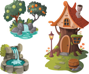 Fantasy forest scene illustration featuring whimsical treehouse, waterfall, fruit trees, and stone fountain for storytelling and design themes.