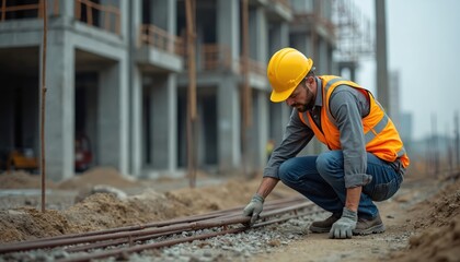 Man squats inspecting rebar on site. Builder wears helmet, vest. Engineer checks steel reinforcement at construction. Labor works outdoor. Person supervises infrastructure foundation, structure.
