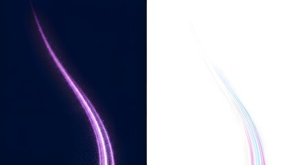 Abstract flowing purple light streak on a dark background with a white gradient