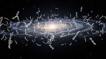 Stunning cosmic DNA strands floating across a vibrant spiral galaxy in deep space exploration concept